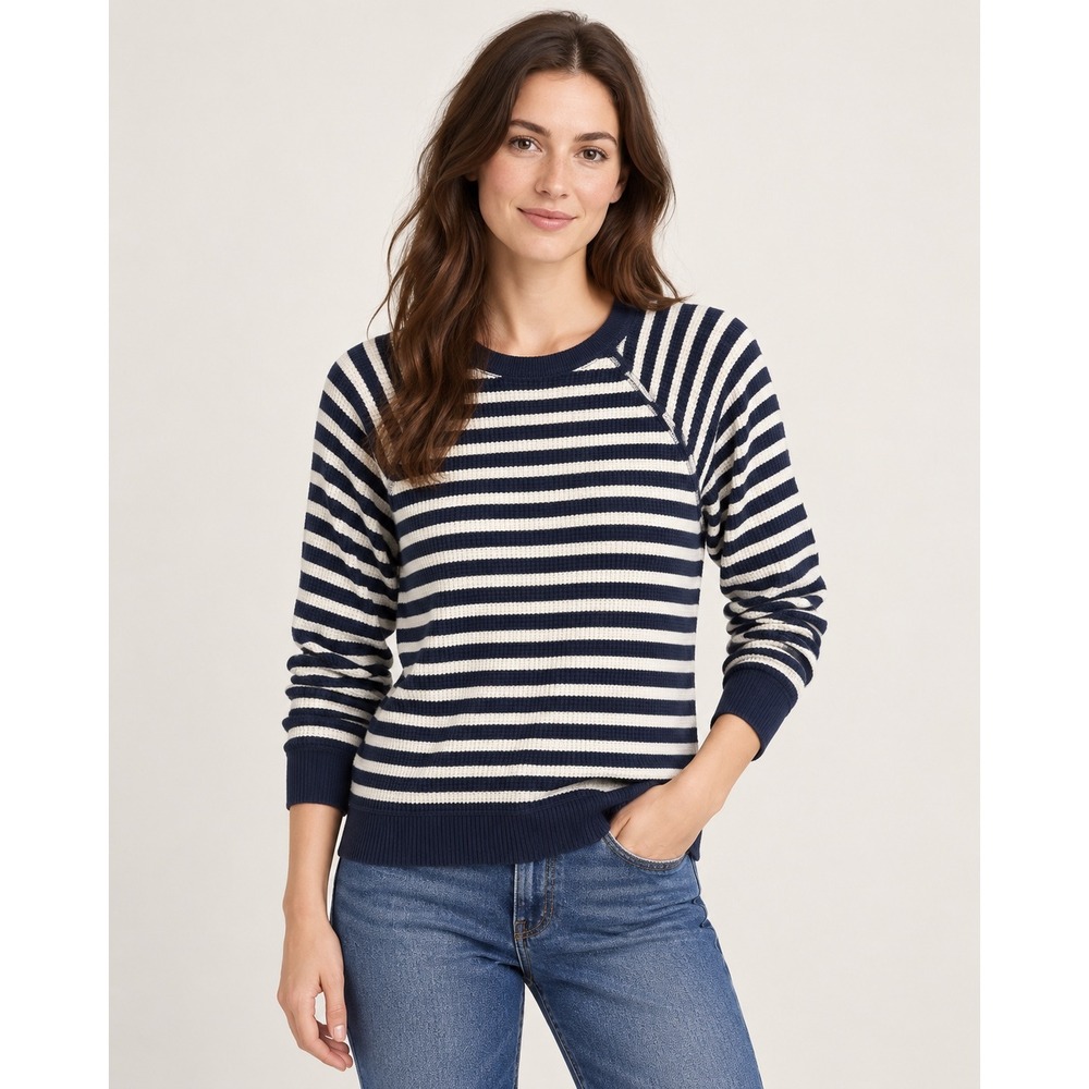 J. Crew Sweater Womens XS Blue White Stripe Waffle Crew Preppy Coastal Nautical